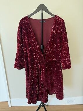 Boohoo Burgundy Sequin Wrap Dress